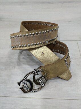 Guess Vintage Triple G Bling Gold Distressed Silver Rubbed Leather Stud Belt